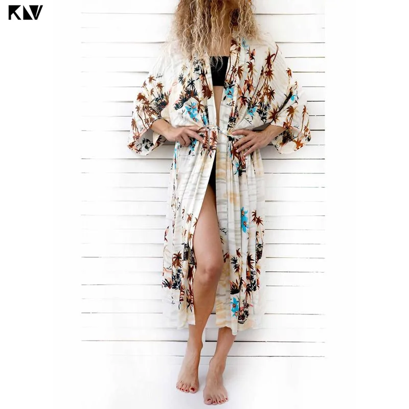 

KLV Vacation Open Front Kimono Cardigan Coconut Tree Beach Swimsuit Cover Up Drawstring Elastic Waist High Split Long Robe