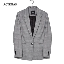 Осенне-зимний женский Блейзер, повседневный элегантный блейзер с длинным рукавом, женская верхняя одежда, винтажные свободные серые клетчатые блейзеры на одной пуговице