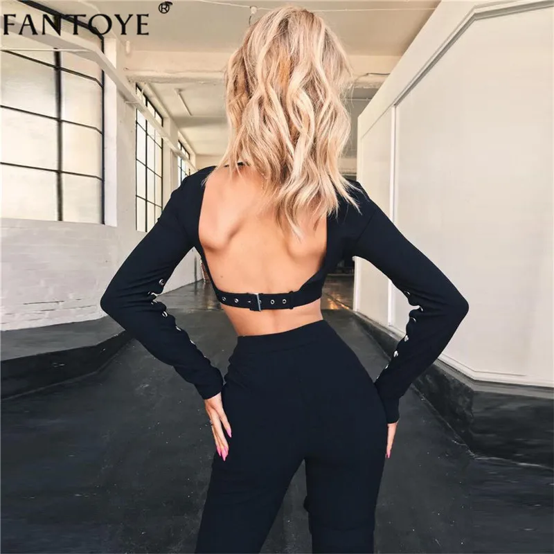 

Fantoye Autumn Winter Long Sleeve Button Cropped Tops 2018 Black White Sexy Backless Hollow Out Women Tshirt Slim Tee Shirts
