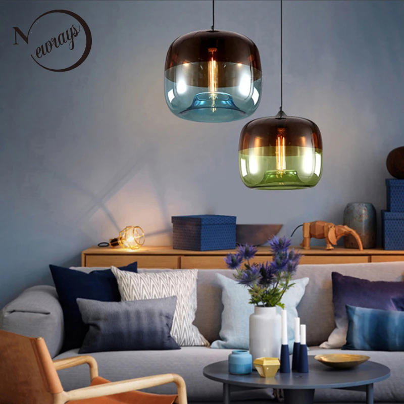 Günstige Moderne Nordic Art Deco Bunte Hängende Glas Anhänger Lampe Lichter Leuchten E27 LED Für Küche Restaurant Wohnzimmer Schlafzimmer