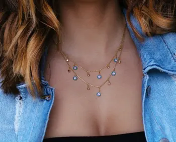 

Gold color charm statement necklace for women drop charming lucky evil eye round cz dots tassel romantic lover gift jewelry