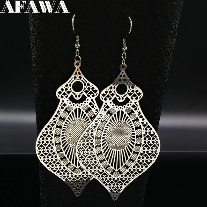 

Hollow Stainless Steel Earrings Women Silver Color Big Falower Drop Earrings Indian Jewelry boucle d'oreille ethnique E612620
