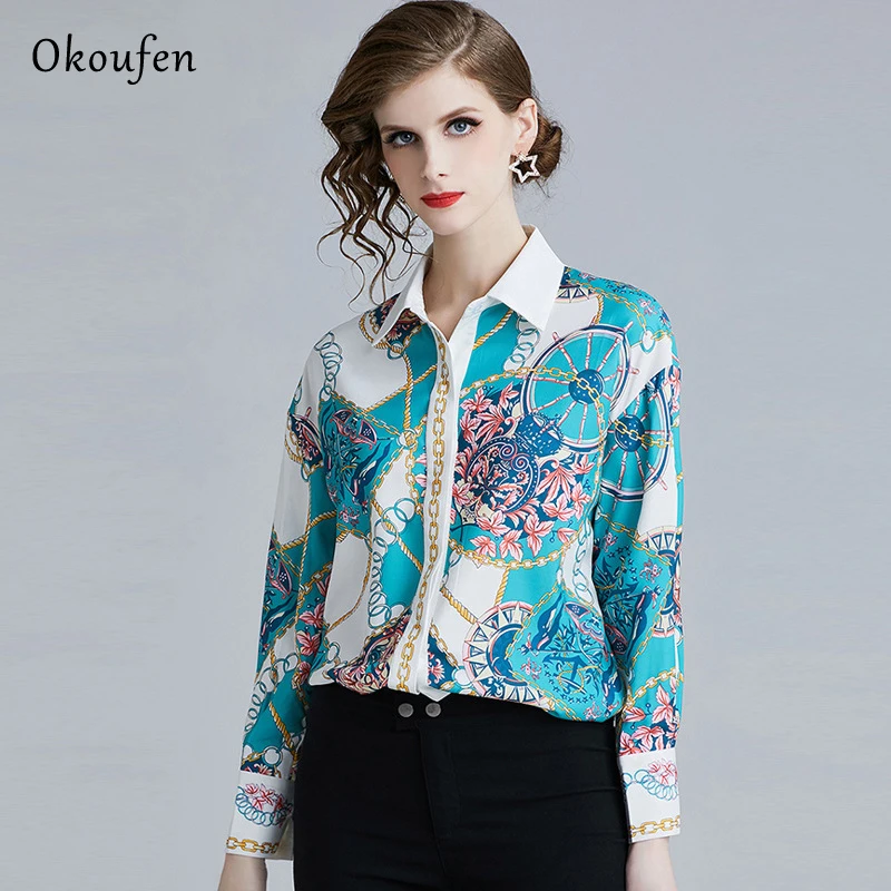 

OKOUFEN 2019 New Printed Colour Collision Shirt For Spring European And American Long Sleeve Cardigan And Lapel Shirt ZX0034