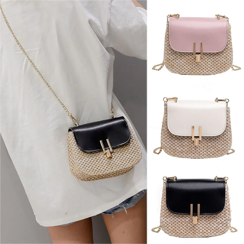 

Straw Shoulder Bag Small Flap Crossbody sac for Women woven bag female retro beach Bolsos Rattan bag chain wicker Bolsa 4.486