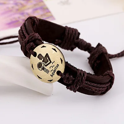 WKOUD модный браслет из сплава с пряжками и знаками Зодиака, кожаный браслет в стиле панк, 12 созвездий, браслет с подвесками, подарок на день рождения