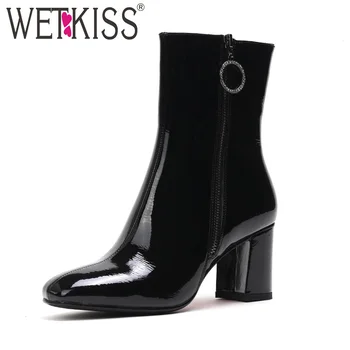 

WETKISS Patent Pu Women Ankle Boots Zip Square Toe Footwear Fur High Heels Female Boot Fashion Shoes Women 2018 Plus Size 34-42