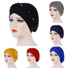 Femmes strass torsion tricot inde bonnets chapeau femme musulman à volants Turban Wrap Skullies casquette dame épaisse chaude en plein air chapeau décontracté(China)