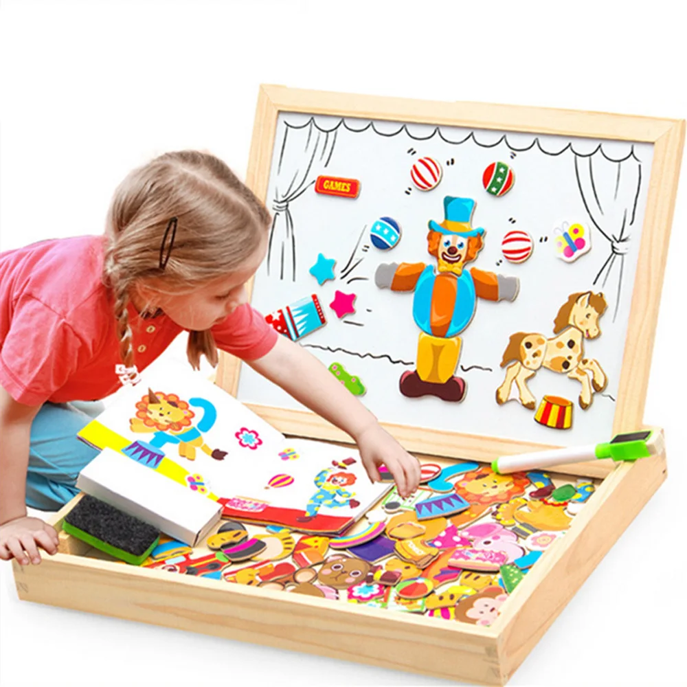 100+ шт, деревянные игрушки, магнитная головоломка, Детская 3D головоломка, фигурка/Животные/транспортное средство/цирк, доска для рисования, 5 стилей, Обучающие деревянные игрушки