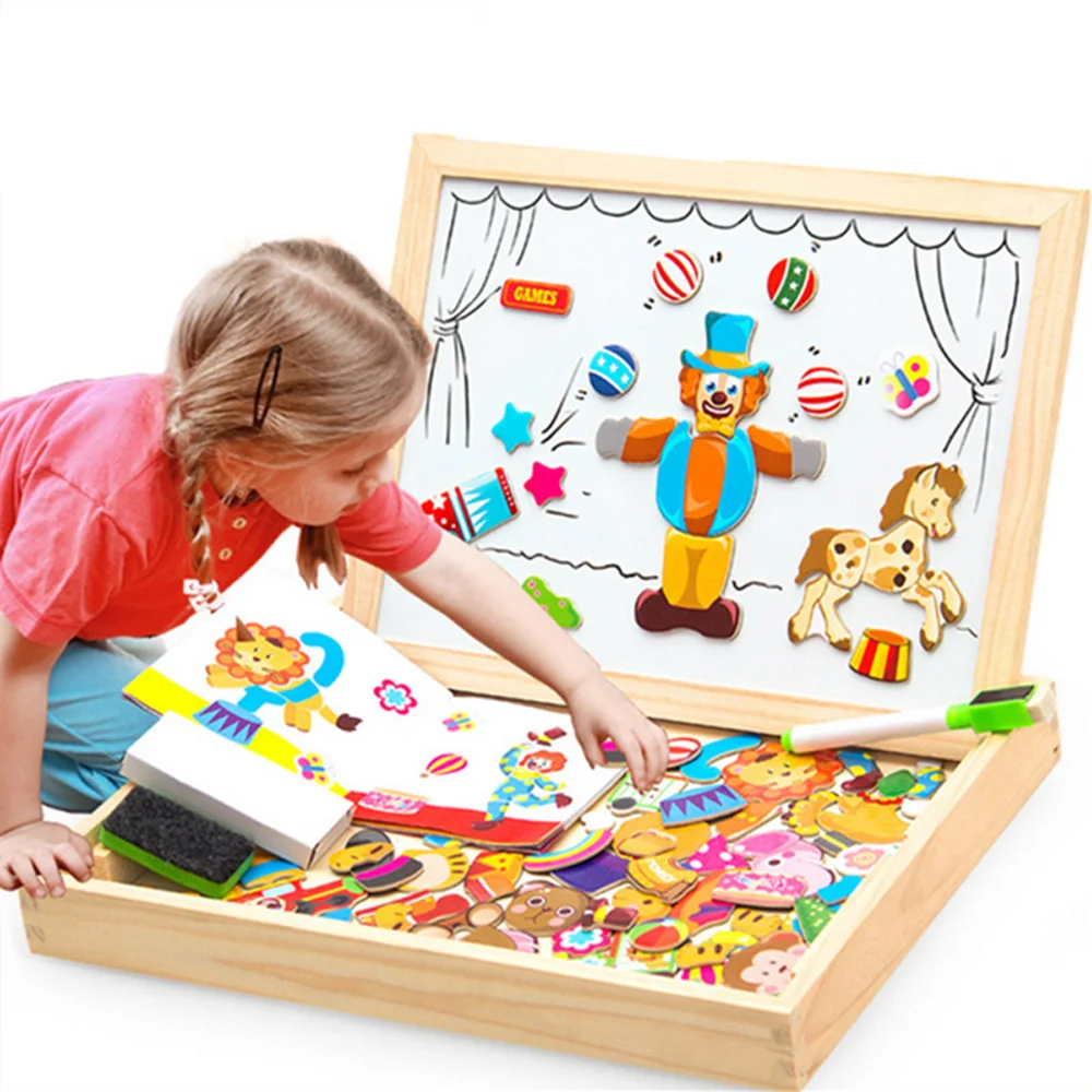 

100+Pcs Wooden Toys Magnetic Puzzle Children 3D Puzzle Figure/Animals/ Vehicle /Circus Drawing Board 5 Styles Learning Wood Toys