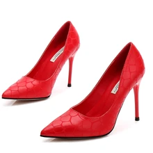 Women Genuine Leather Pumps 2019 10cm Thin High Heels Sexy Pointed Toe Slip-on Red Wedding Party Shoes For Lady E0003 kjstyrka women pumps 2018 autumn shoes transparent 10cm high heels sexy pointed toe slip on clear party dress shoes for lady