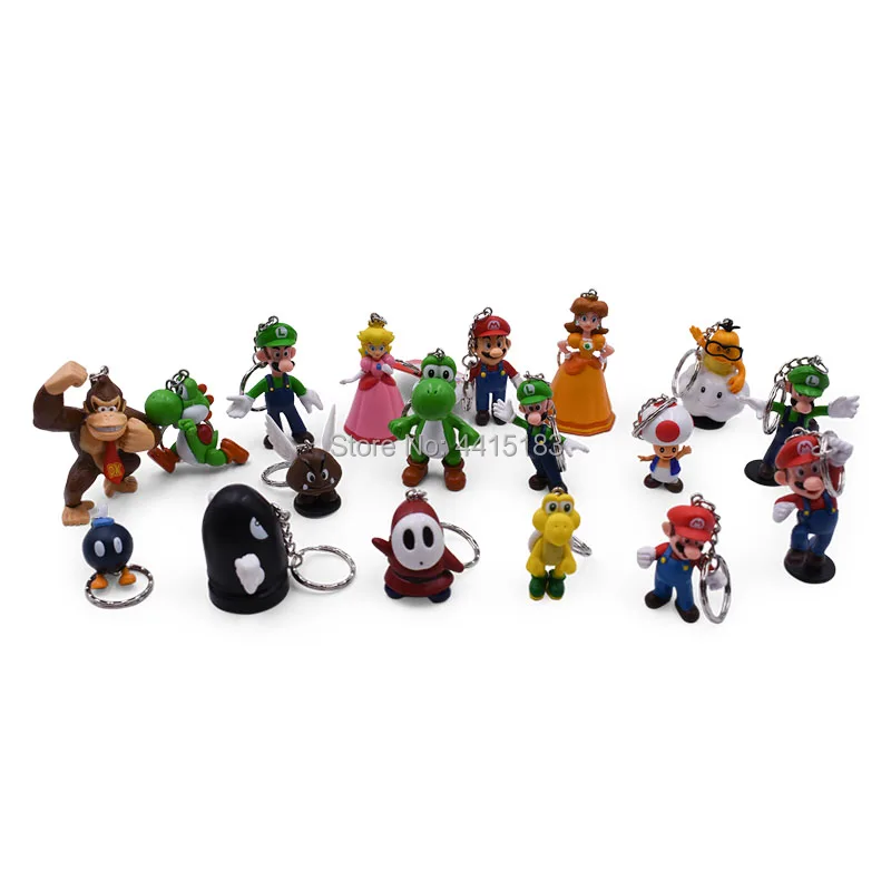 18 pcs/lot Anime Super Mario Bros keychain Peach Donkey Kong Yoshi Luigi Toad PVC Action Figure Doll Collectible Model Toy