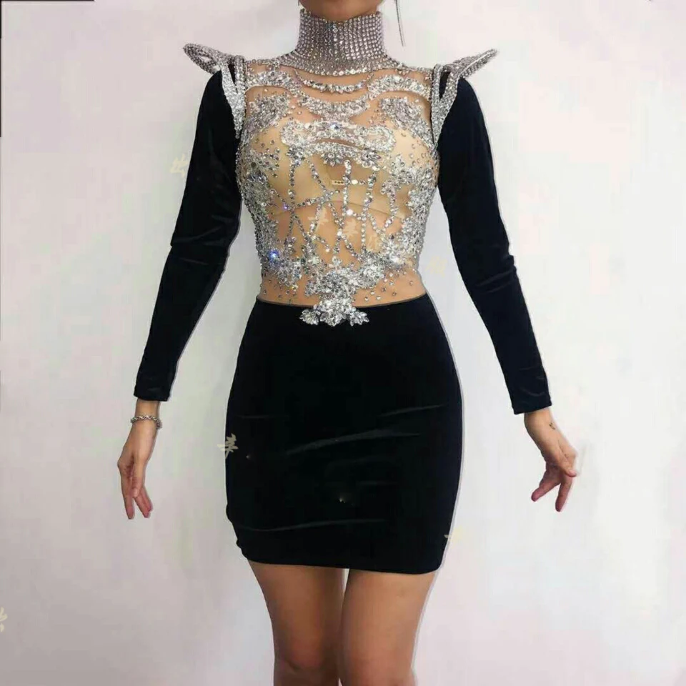 

Sparkly Silver Rhinestones Dress Stretch Slim Big Stones Female Singer Outfit Nightclub Birthday Party Stage Show Sexy Dresses