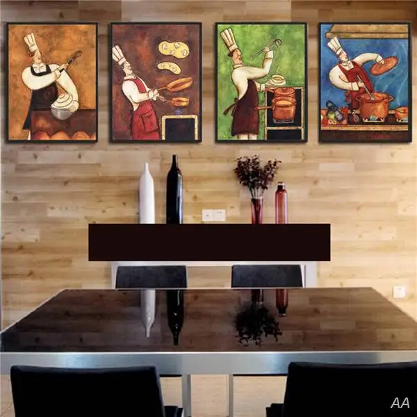 

4 Pieces Modern Abstract Canvas Painting Funny Chef Wall Art For Kitchen Room Dinner Room Canvas Prints Unframed gift Still life