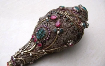 

8"Nepal Silver inlay jewel Buddha trumpet shell Conch A