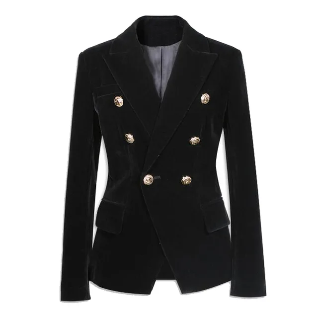 Black Velvet Blazer Women Slim Double Breasted Button Pockets Long