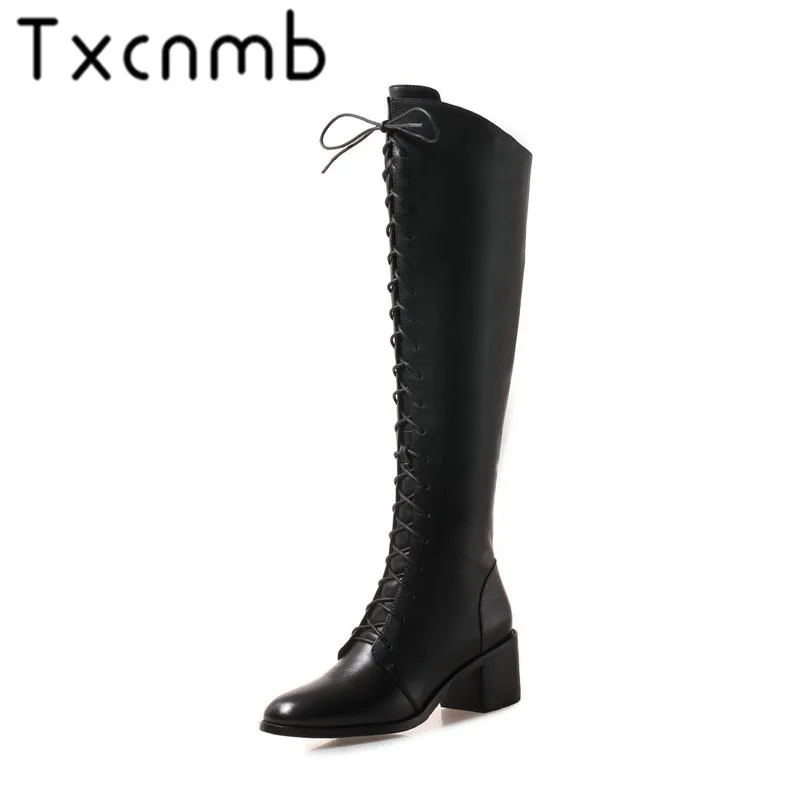 

TXCNMB Knee-high Boots Women Winter Genuine Leather Boots Women Round Toe Thick High Heel Zipper Ladies Shoes Woman