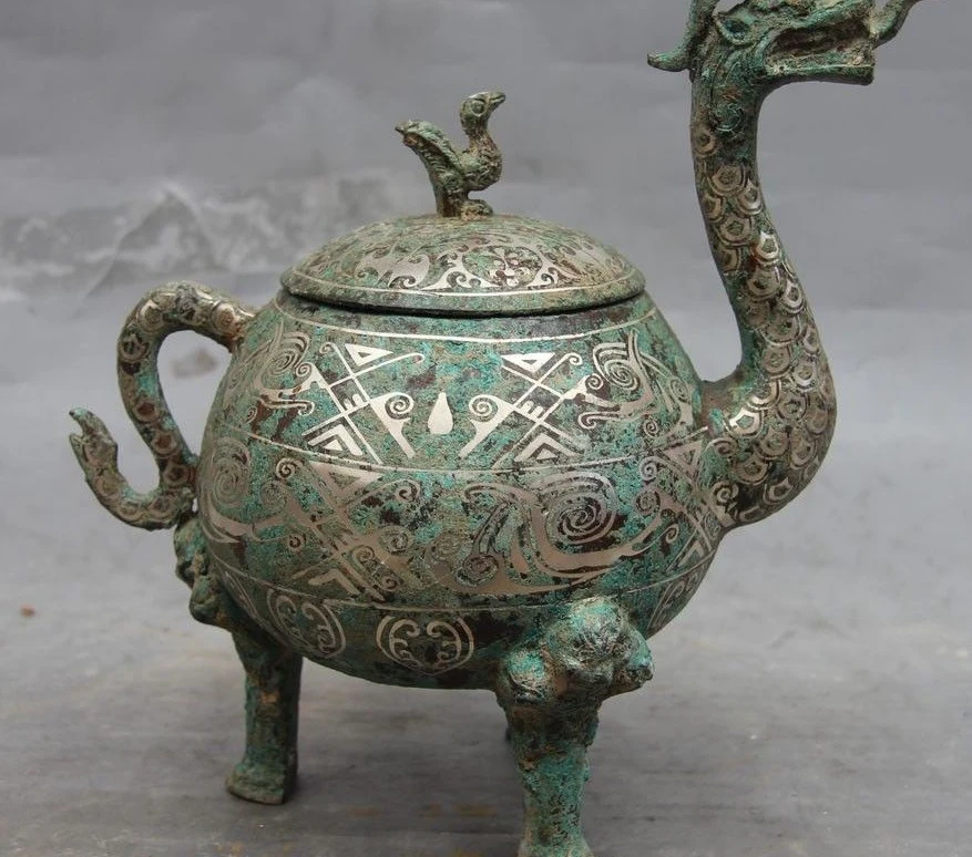 

China Pure Bronze Silver-Gilt Dragon Bird Beast Pot kettle Incense Burner Censer