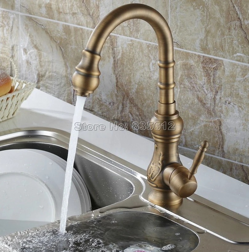 Gooseneck Swivel Spout Kitchen Sink Faucet /Antique Brass Single Hole Deck Mounted Single Handle Vessel Sink Mixer Taps Wsf080 kitchen faucet swivel spout vessel sink mixer tap ceramic handle deck mounted antique brass