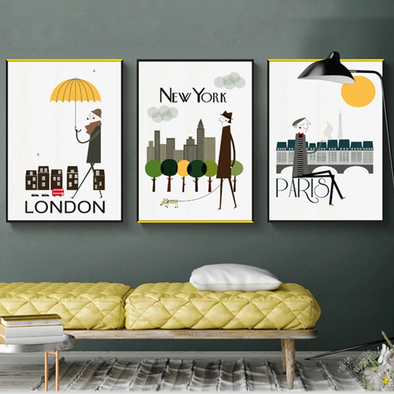 Nordic Cartoon City New York Wall Art Canvas Posters and Prints Modern Minimalist Painting Decorative Picture for Living Room | Дом и сад