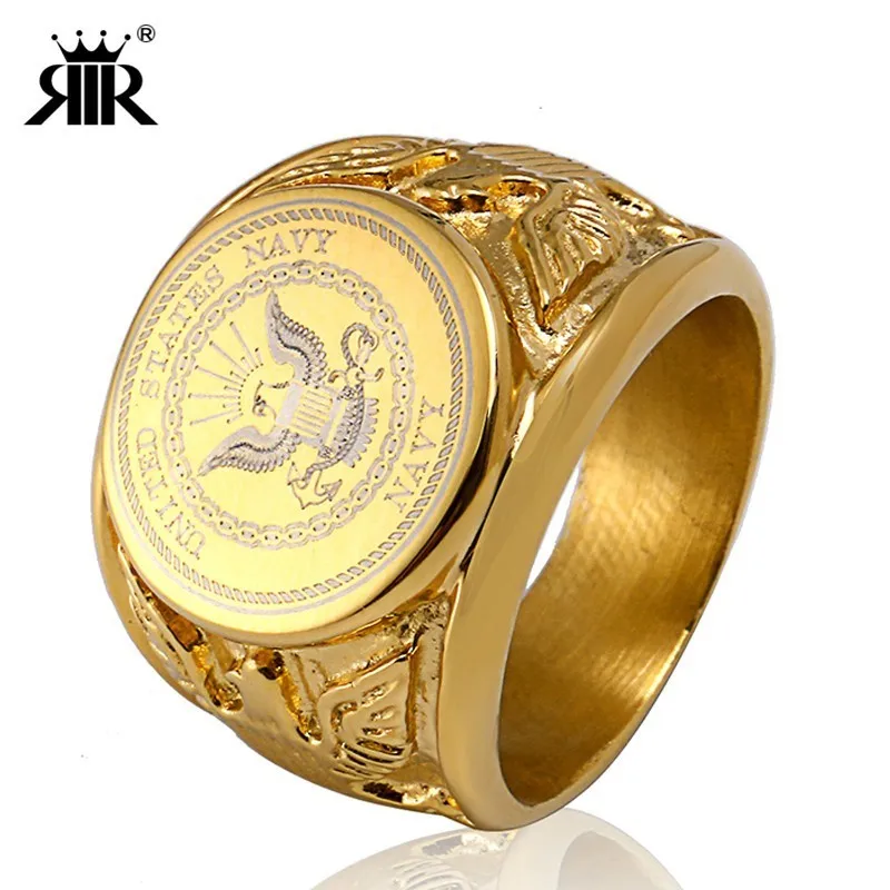 RIR Gold USA Military Ring Badge Eagle United States MARINE CORPS US ARMY Men Rings United States In Stainless Steel