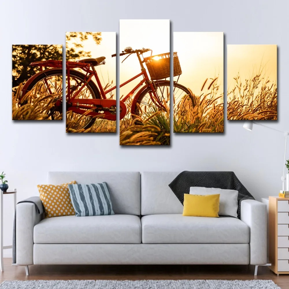 5P0111 Wall Art Canvas HD Prints Painting Home Decor 5 Pieces Sunrise Bicycle Dandelion Pictures Wheat Field Landscape Poster Framework  (6)