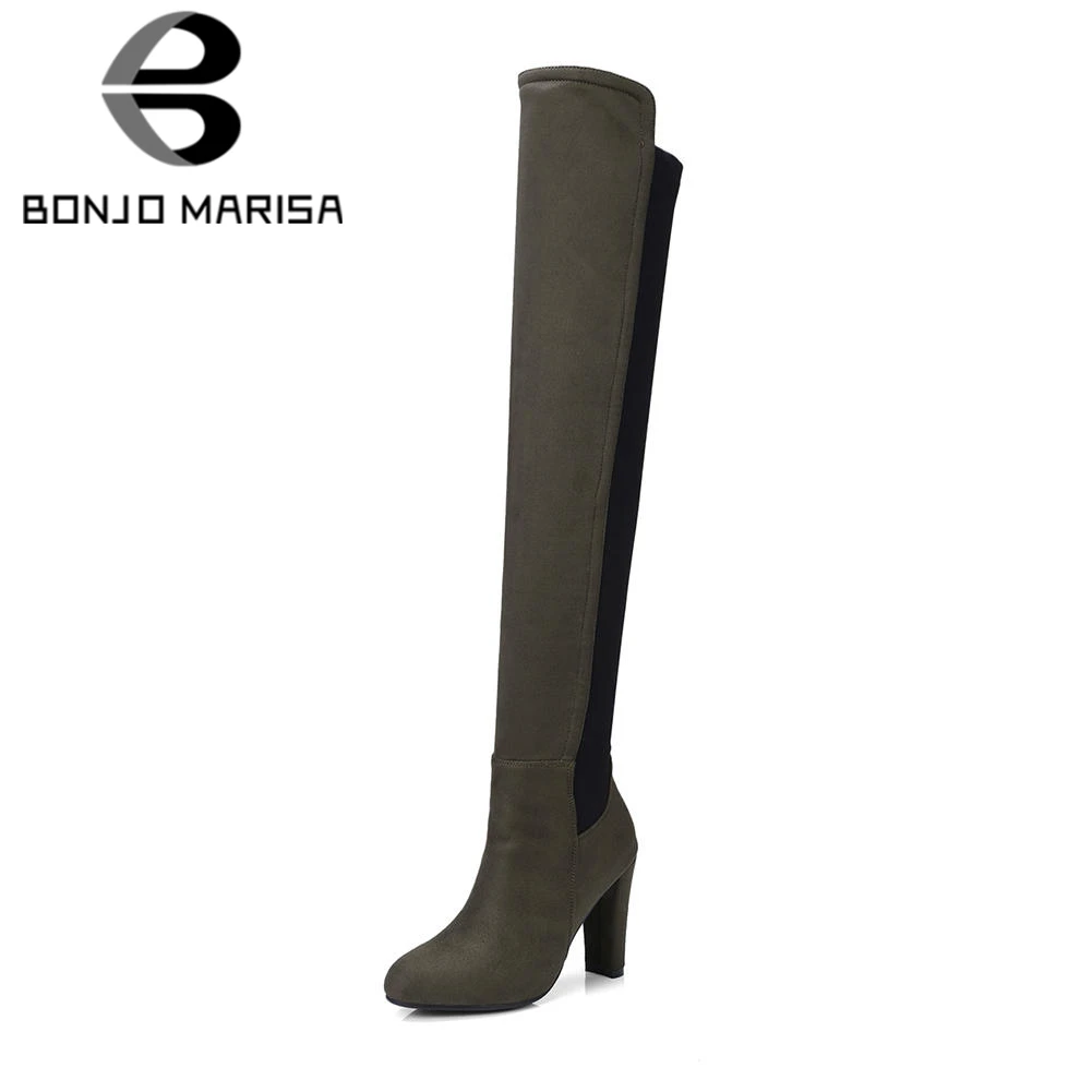 

BONJOMARISA Women Over Knee Thigh High Boots Square High Heeled Shoes Woman Faux Suede Stretch Knight Boots