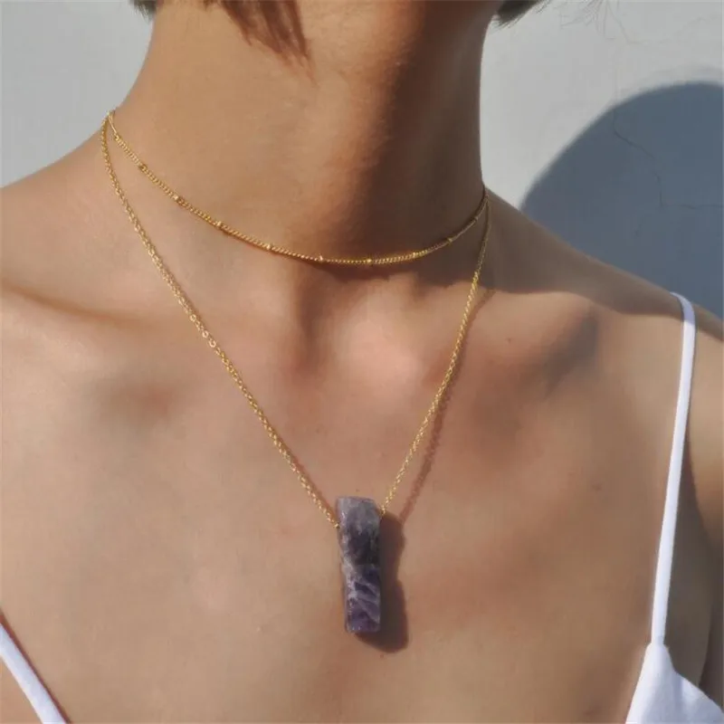 

Bohemian Multicolor Natural Stone Choker Necklaces For Women Chic Gold Color Double Layer Chain Necklace Collar Jewelry Gifts