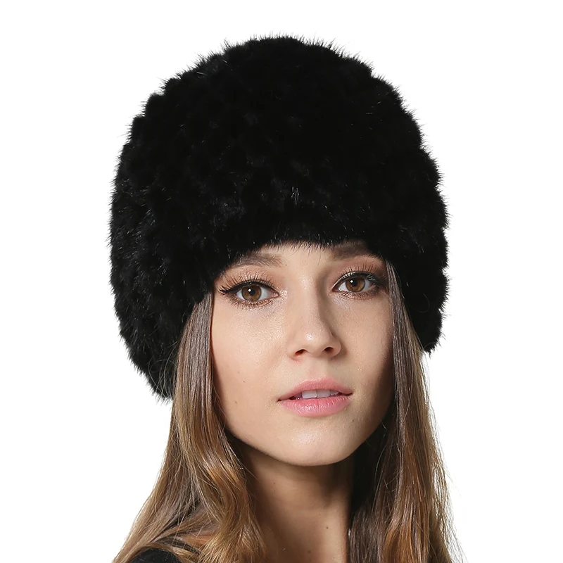 Real Mink Fur Beanie Hat Knitted Fur Hats Fashion Thick Knitting Lining Lovely and Warm Caps