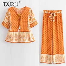 TXJRH 2019 Vintage Ethnic Boho Orange Sun Floral Print Shirt Lacing up Tied Bow Tassel V-Neck Pullover Short Sleeve Blouse Tops TXJRH 2019 Vintage Ethnic Boho Orange Sun Floral Print Shirt Lacing up Tied Bow Tassel V-Neck Pullover Short Sleeve Blouse Tops