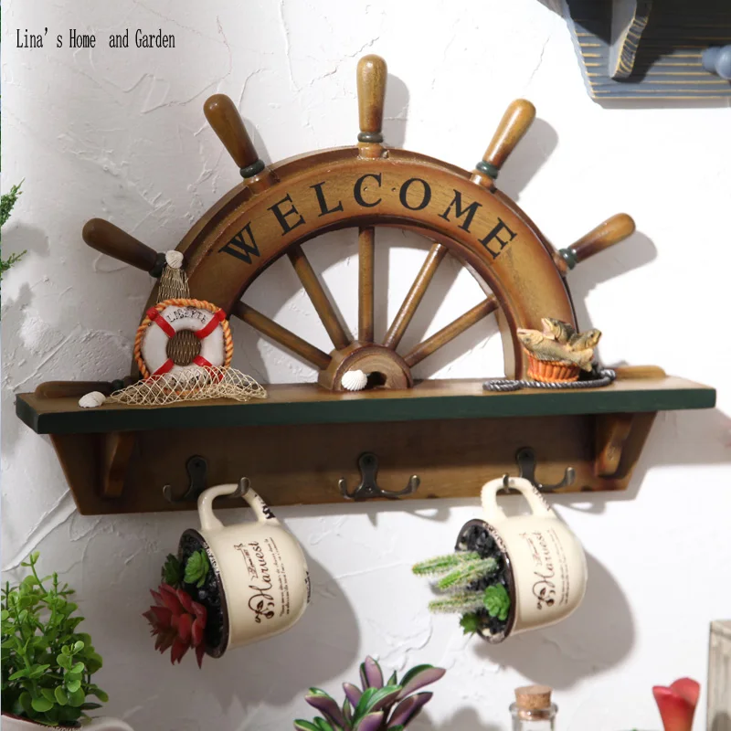 helm wheel design shabby vintage 3 hooks floating shelves wood (4)