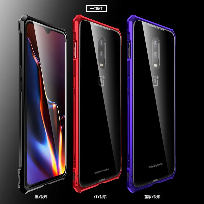 For OnePlus 6T Shockproof Metal Aluminum Bumper Frame+Tempered Glass