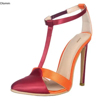 

Olomm New Stylish Women T- Strap Sandals Sexy Thin High Heels Sandals Pointed Charm Wine Red Dress Shoes Women US Plus Size 5-15