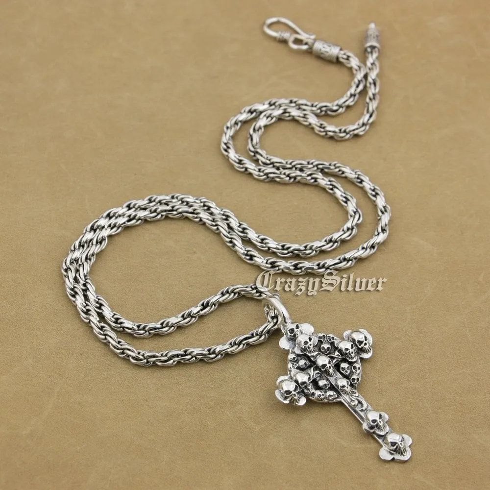 

925 Sterling Silver Cross Skulls Mens Biker Punk Pendant 9V113A Sterling Silver Necklace 24