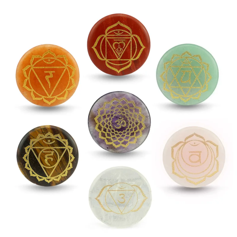 

Natural crystal Chakra Stones-Healing Crystal With Engraved Chakra Symbols Set of 7 Holistic Balancing Polished Palm Stones