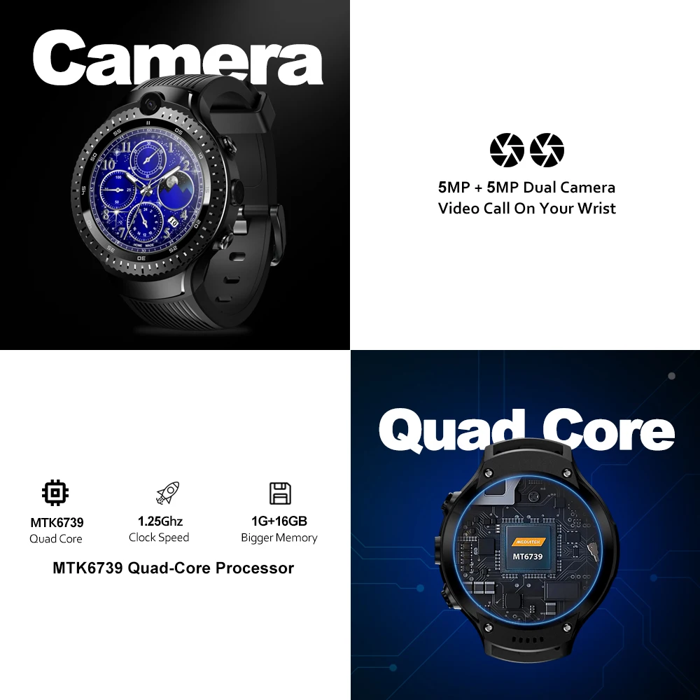  New Zeblaze THOR 4 Dual 4G Smart Watch MTK6739 Quad Core 1GB RAM 16GB ROM 530mAh 5MP+5MP Dual Camer