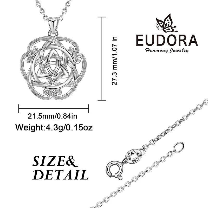 Eudora Genuine 925 Sterling Silver Celtics Knot Pendant Necklaces for Women Girls Romantic Gift Fashion Sterling-silver Jewelry