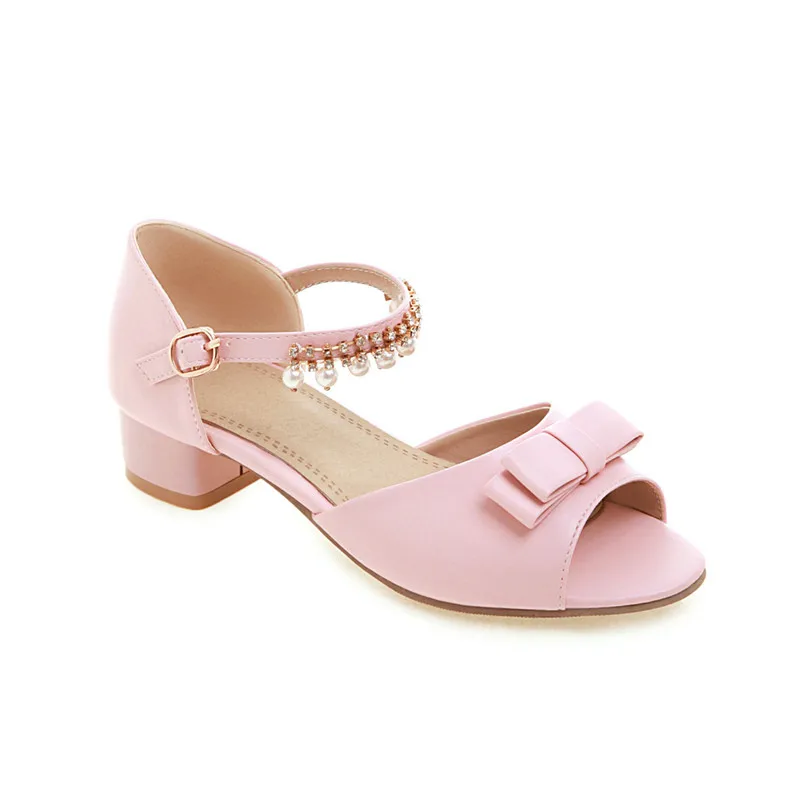 YMECHIC Лето Белый Бежевый Розовый Кристалл кисточкой бусина стяжка каблук открытый носок лук сандалии для девочек не сужающийся книзу массивн - Цвет: Розовый