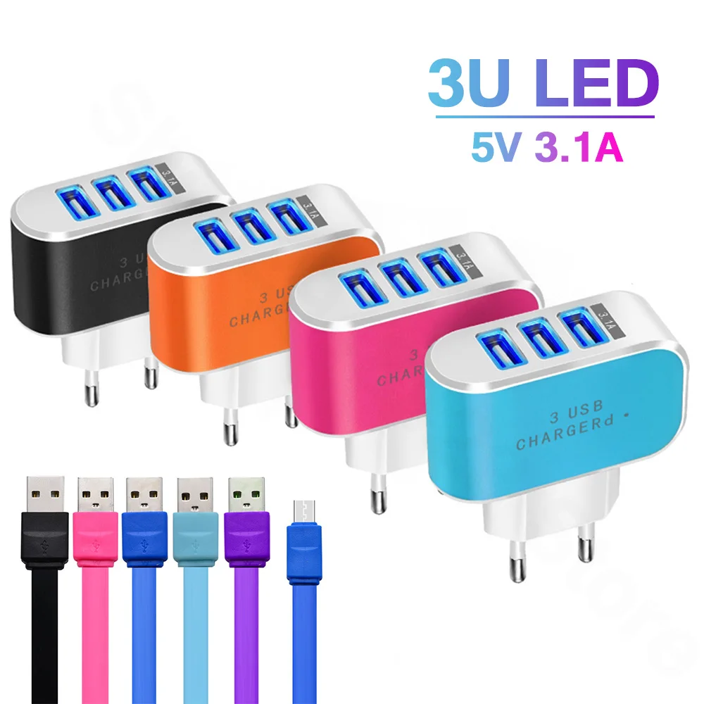 

Candy Color 5V 3.1A 3USB Port Home Travel AC Wall Power Charger Adapter USB Charger For EU Mobile Phone Tablet xiomi Micro Cable