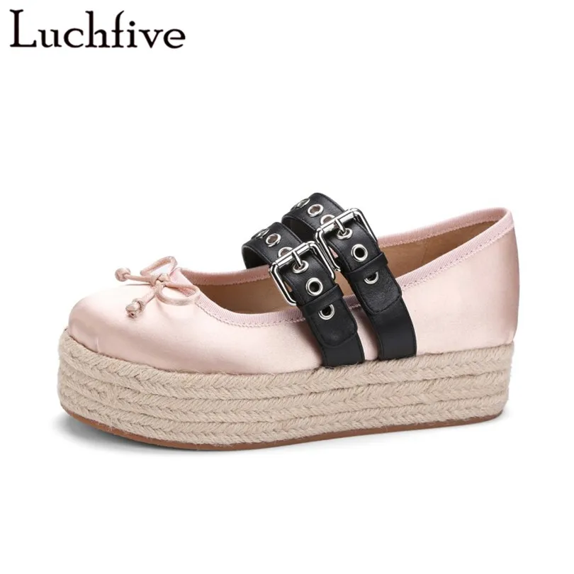 

White beige silk Girls Ballets shoes hemp platorm wedge heels dress shoes women bowties double buckled strap chaussures femme