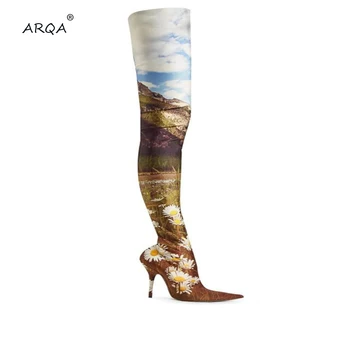 

ARQA 2019 Europe's Latest Fashion Stretch Print Ladies Thighs Women's Boots Fine With Pointed Big Size 34-48 Shoes