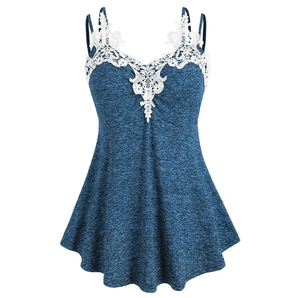 

Fashion Women Tops 2019 Summer Sleeveless Plus Size Marled Applique Insert Sling Vintage Tshirt Women clothes Luxury T Shirt 2XL