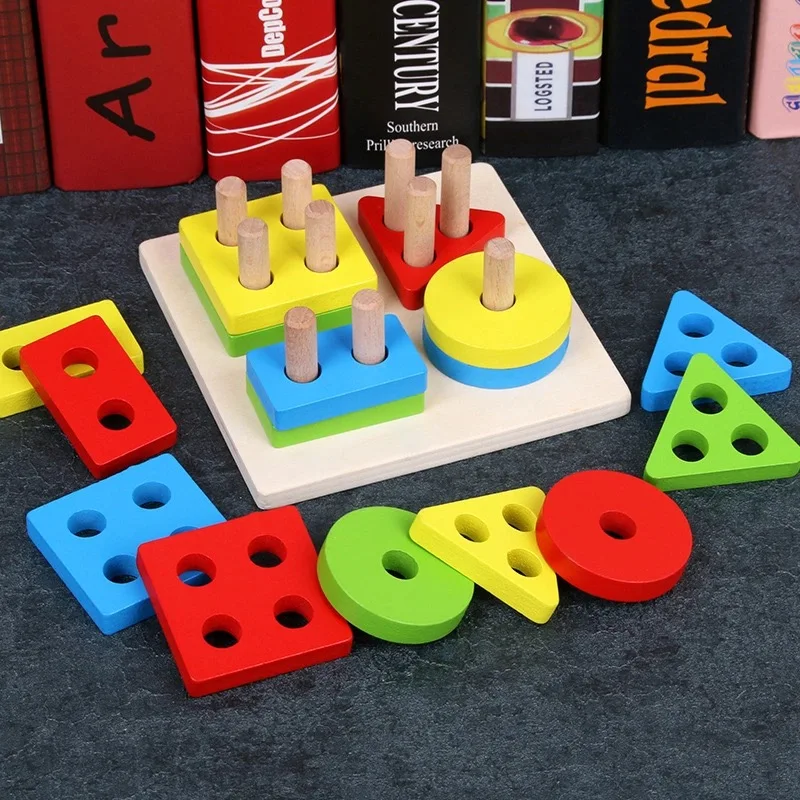

Montessori Wooden Geometric Sorting Board Blocks Games Colorful Four Column Shape Matching Geometry Toy For Kids Educational