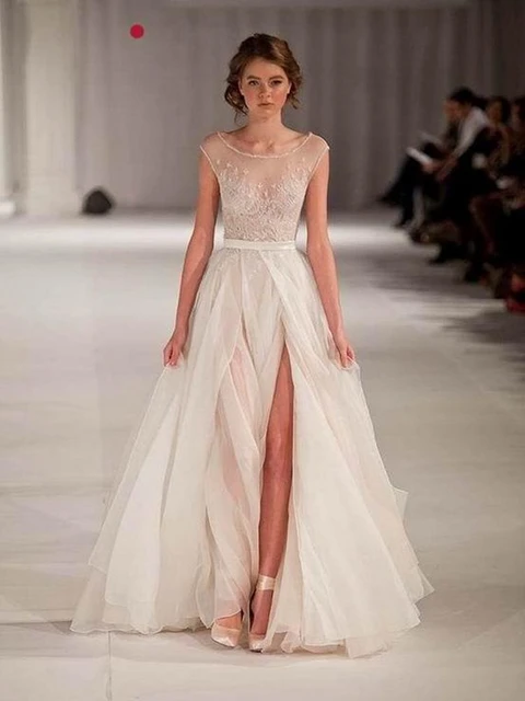 2016 Paolo Sebastian Real Sheer Beach Wedding Dresses A Line Beaded 2016 Paolo Sebastian Real Sheer Beach Wedding Dresses A Line Beaded Embroidery Runway Cap Sleeves Tulle