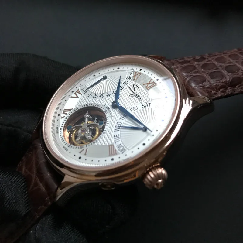 Роскошные часы ST8004 Tourbillon, мужские часы из крокодиловой кожи с календарем, дисплеем недели, мужские механические часы с ручным заводом, водонепроницаемые часы 5ATM