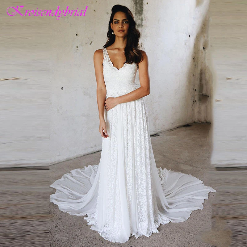 

DZW526 Beach Wedding Dress Lace V Neck Boho Wedding Gown Custom Made Simple Princss White Brde Dress 2019