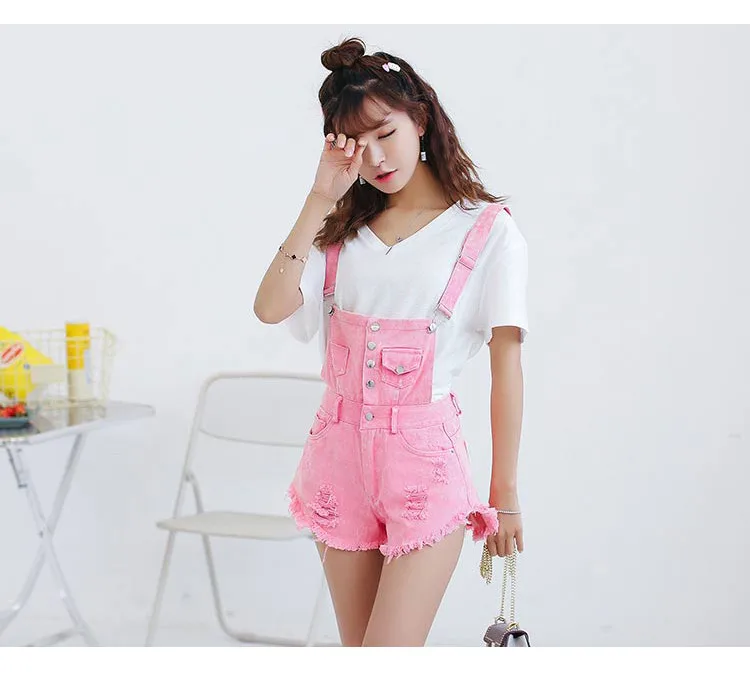 Denim Bibs Schoolgirl 2018 Spring New Loose Korean Thin Thin hole Flashes Fringe Shorts (13)