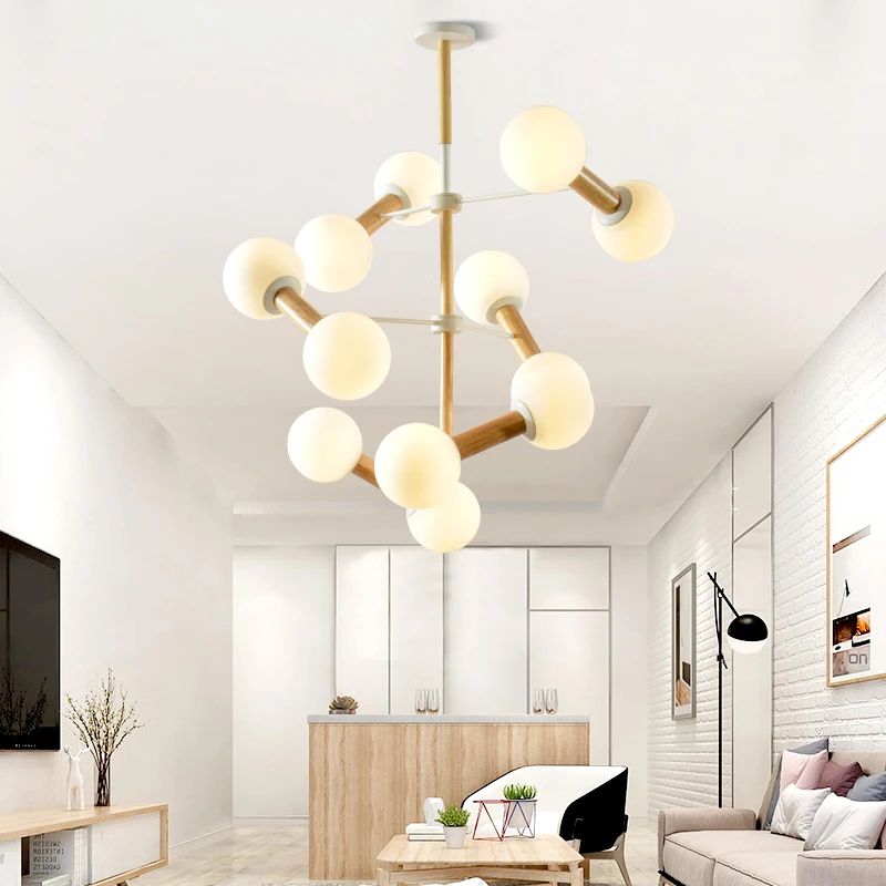 

Nordic glass pendant lights round wood art living room led pendant light simple restaurant art magic bean bedroom lamp LU8101838