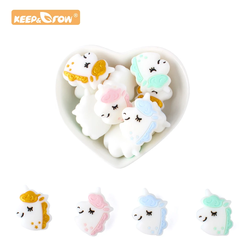 Keep&Grow 4pcs Unicorn Silicone beads Animal Teether Beads BPA Free Baby Teething Necklace DIY Infant Chewable Pacifier Chain