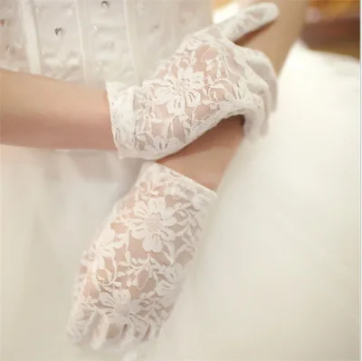 

White Ivory Bridal Gloves Lace Finger Short Cheap Wedding Accessories Black Red Wrist Length Elastic Wedding Gloves