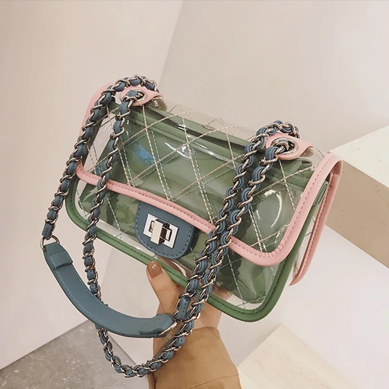 

2018 Ins Chic Patchwork Transparent Bag Clear Jelly Summer Beach Bag Lingge Chain Bags Fashion Brand Design PVC Composite B